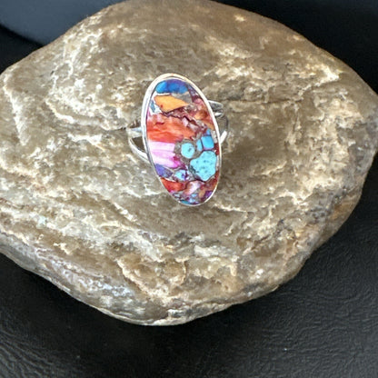 Blue Turquoise Spiny Oyster Navajo Sterling Silver Ring Size 8 18214