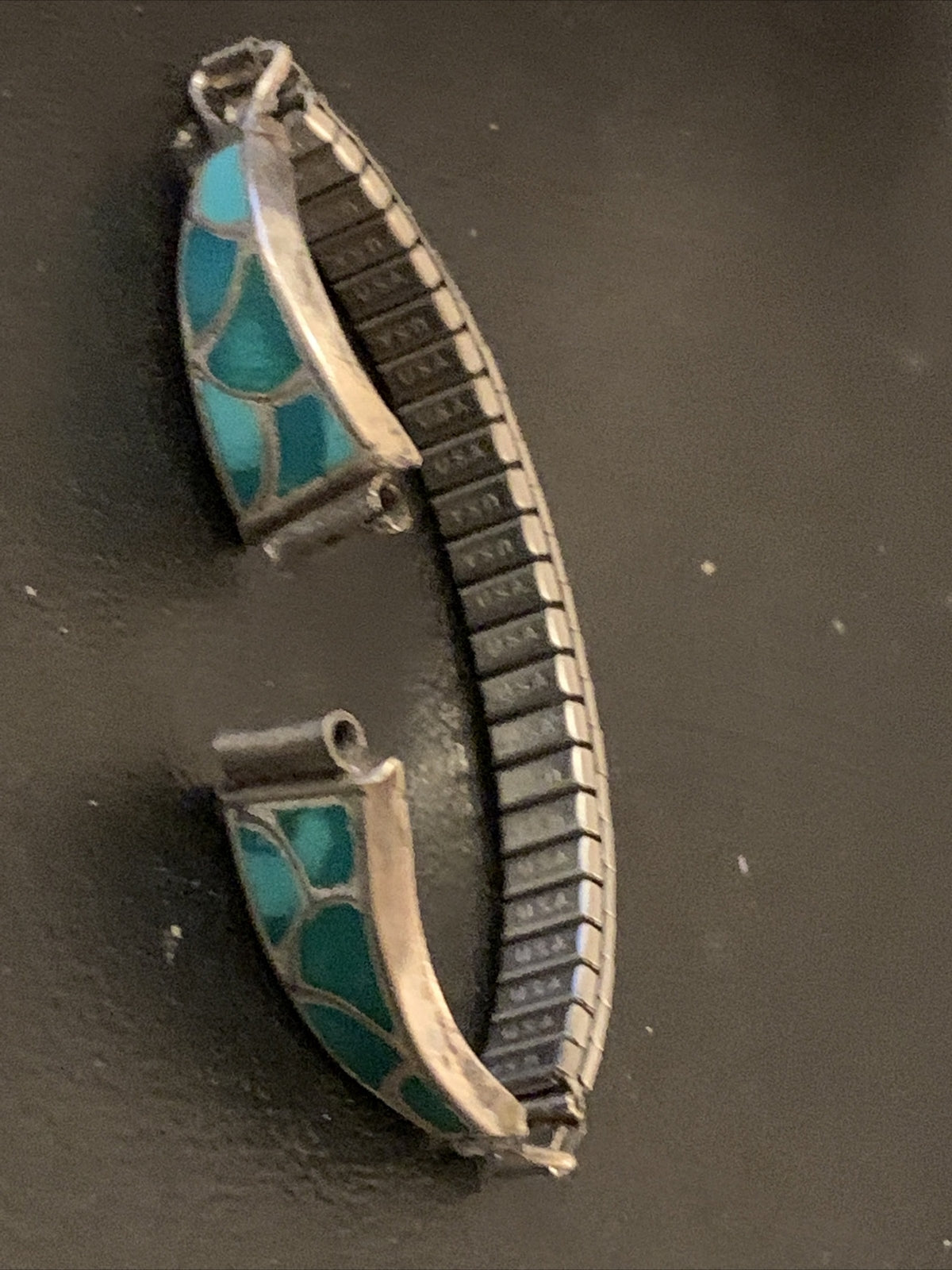 Blue Turquoise Inlay Navajo Sterling Silver Old Pawn Watch Tips 1443
