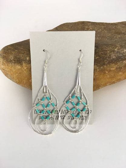 Native Blue Turquoise Heishi Liquid Sterling Silver Dangle Earrings 2" 08878