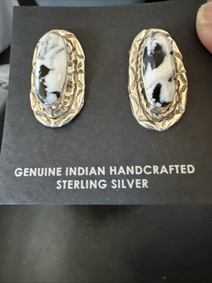 Women White Buffalo Turquoise Navajo Sterling Silver Post Earrings 19094