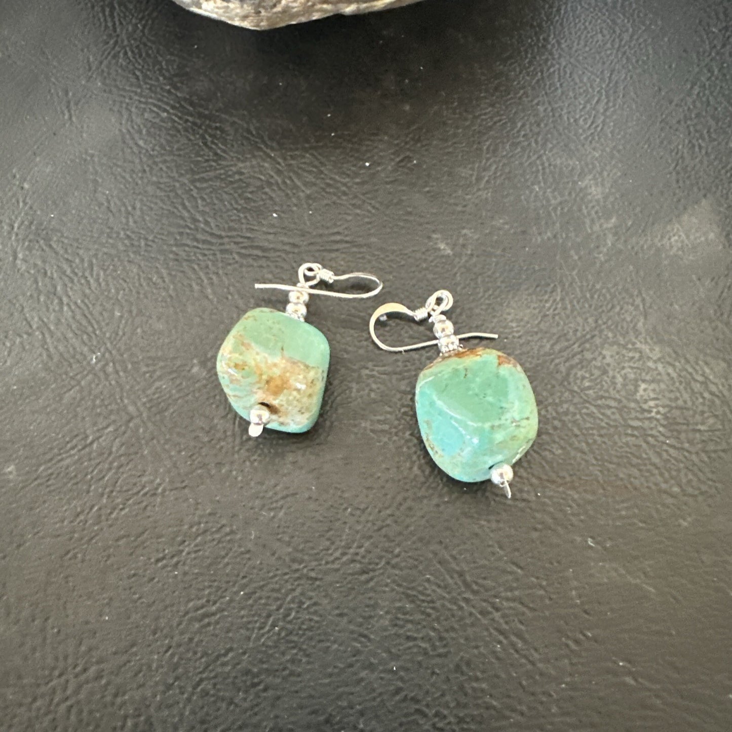 Green Turquoise Nugget Sterling Silver Beads Navajo Earrings 1" 17868