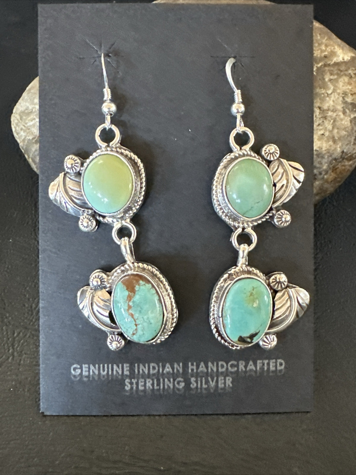 Native Navajo Green Turquoise Sterling Silver Dangle Earrings 2” 17911