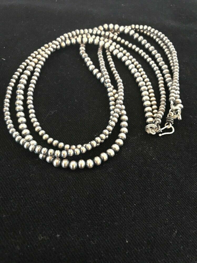 Native American 4, 5, 6 mm Sterling Silver Beads 3 Strand 36” Necklace