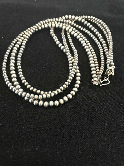 Native American 4, 5, 6 mm Sterling Silver Beads 3 Strand 36” Necklace