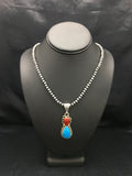 Turquoise Coral Pendant Navajo Necklace | Sterling Silver | Authentic Native American Handmade | 02580