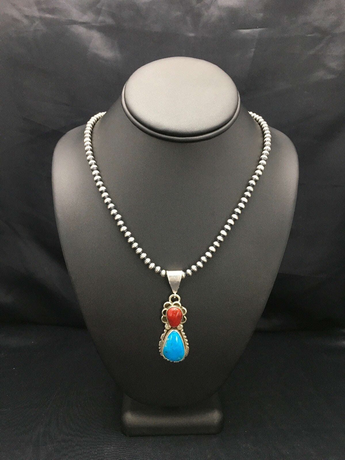 Turquoise & Coral Pendant Navajo Sterling Silver Necklace 02580