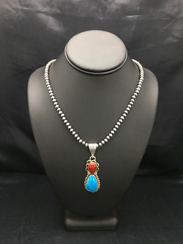Turquoise Coral Pendant Navajo Necklace | Sterling Silver | Authentic Native American Handmade | 02580