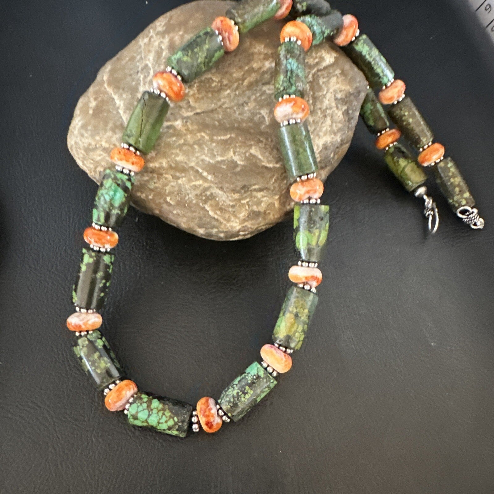 Green Turquoise Spiny Oyster Native Navajo Pearls Sterling Silver Necklace 14985