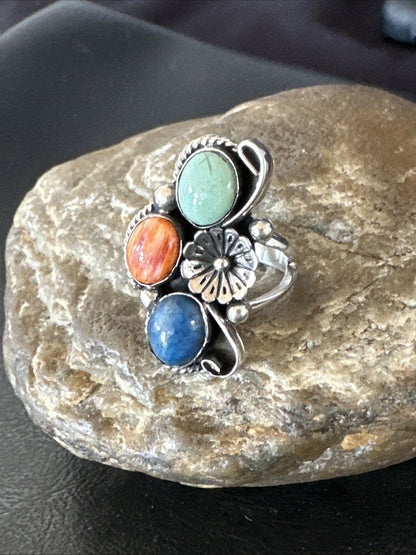 Multicolor Ring Turquoise Spiny Navajo Sterling Silver Cluster Size 9 19187