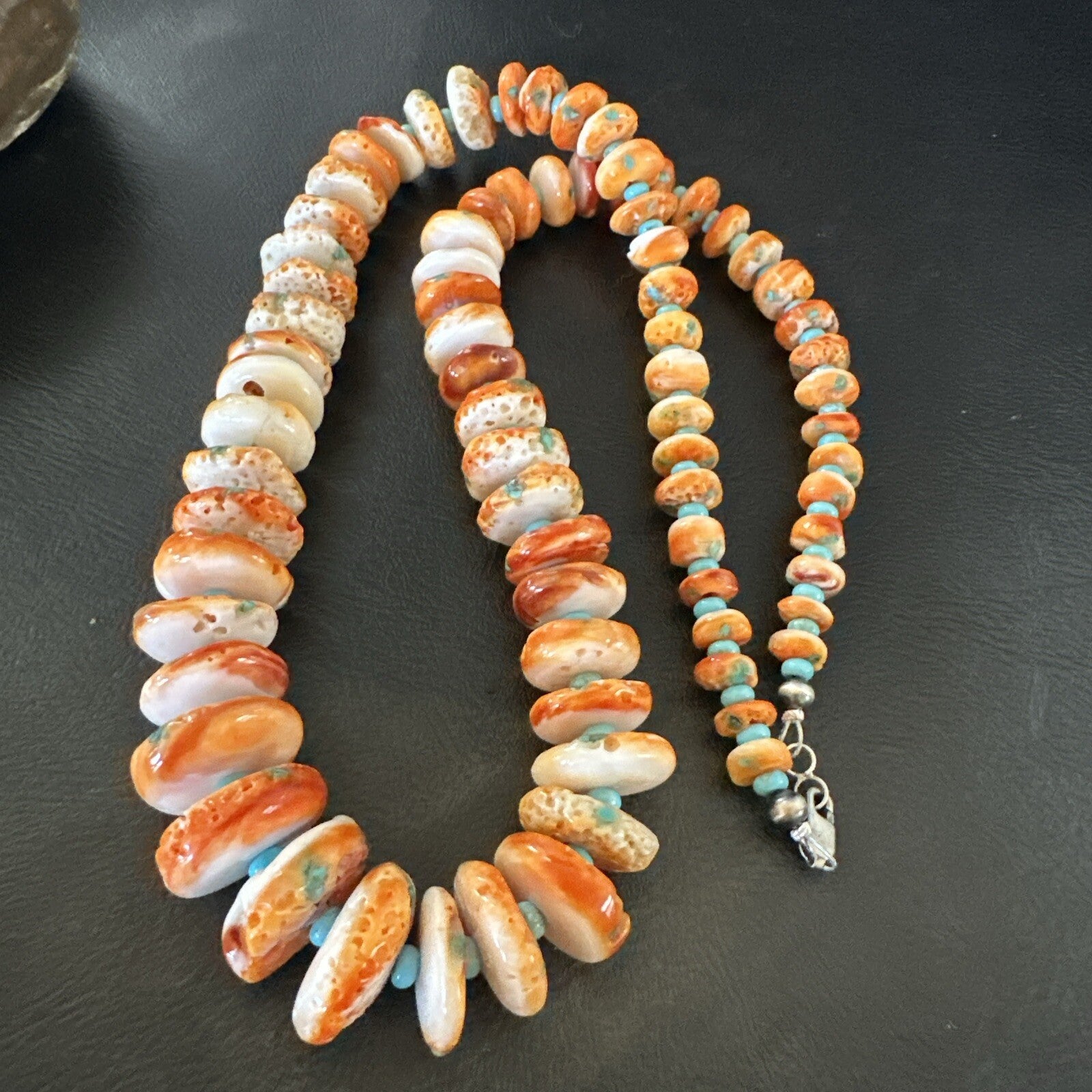 Orange Spiny Oyster Blue Turquoise Navajo Sterling Silver Necklace 23" 18087