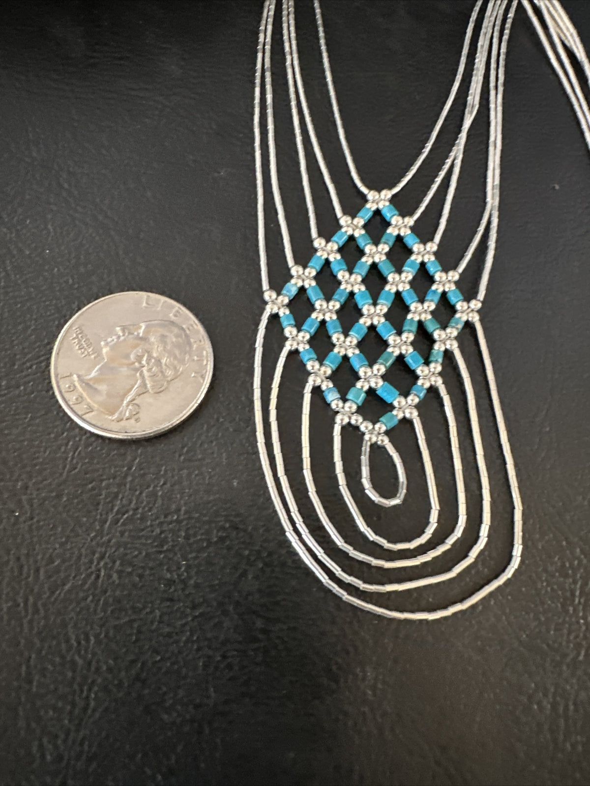 Crisscross Blue Turquoise Heishi Liquid Sterling Silver 5S Necklace 20" 15881