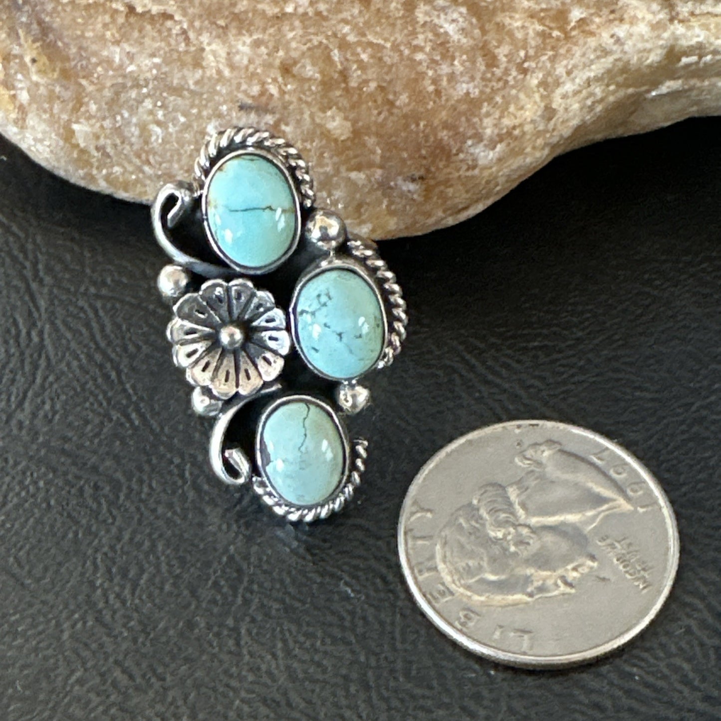 Yazzie Ring Blue Turquoise Navajo Sterling Silver Cluster Size 8 19220