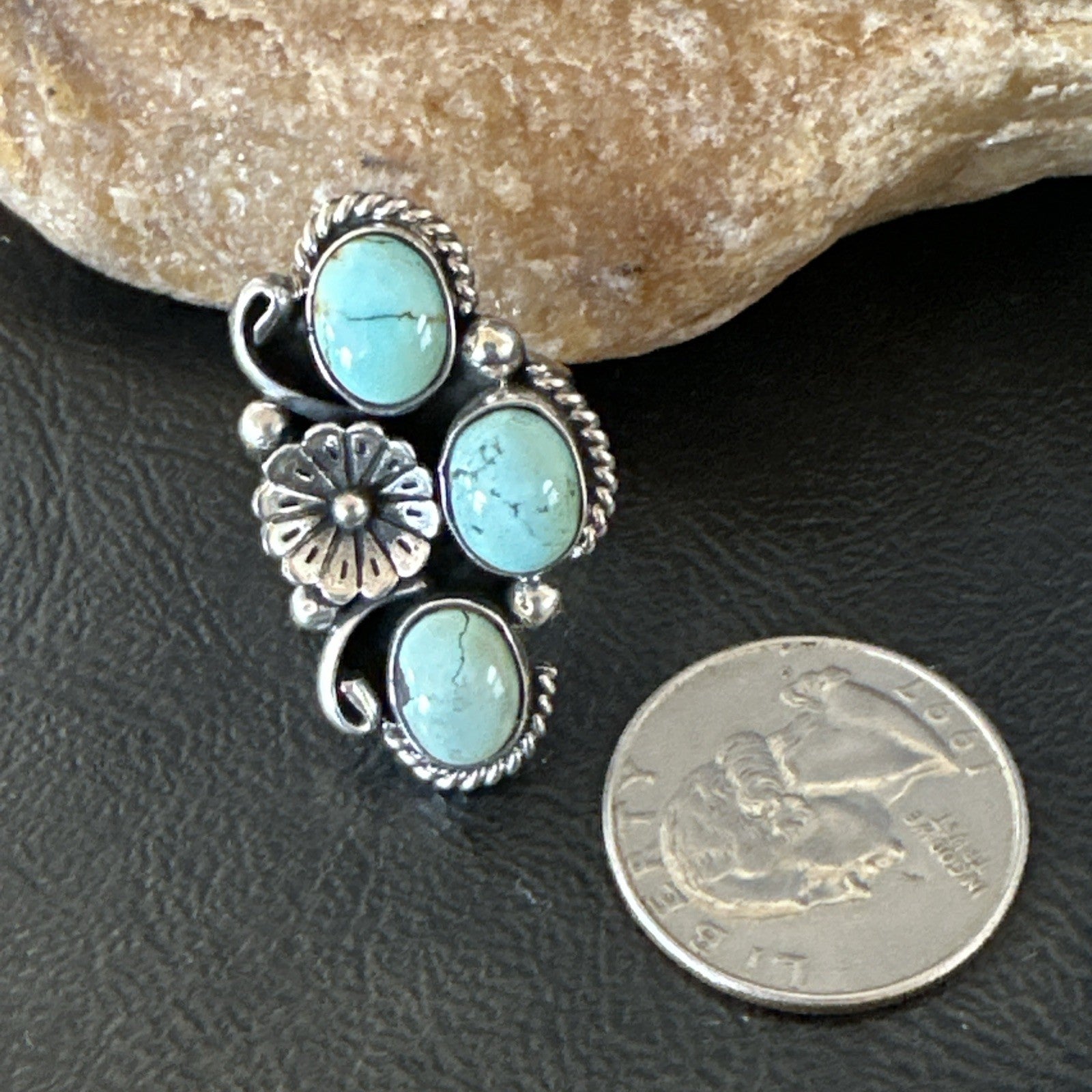 Yazzie Ring Blue Turquoise Navajo Sterling Silver Cluster Size 8 19220