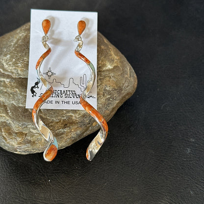 Orange Spiny Oyster Opal Sterling Silver Swirl Dangle Earrings 3" 19134