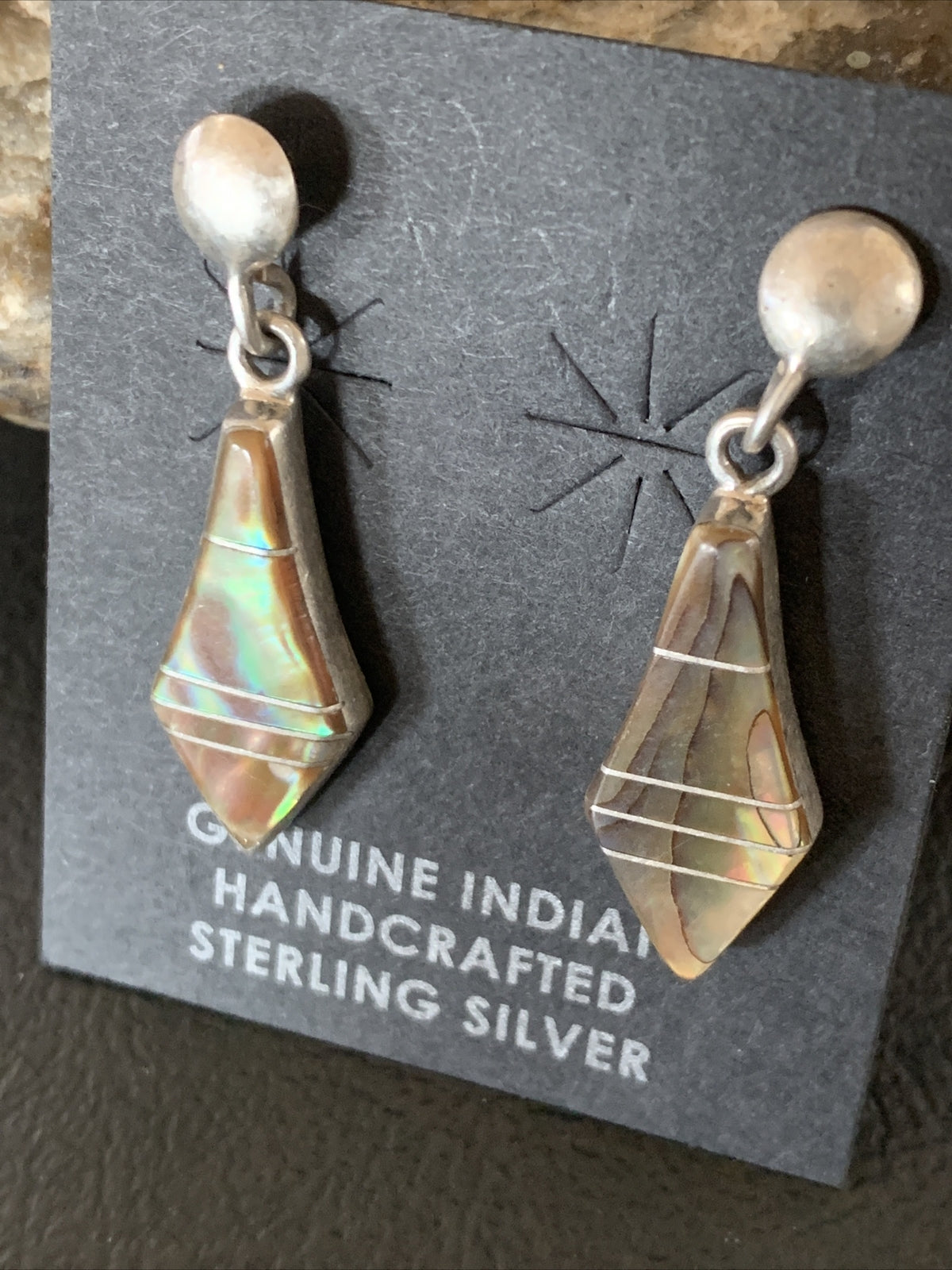 Native Minimalist Navajo Pava Shell Inlay Sterling Silver Earrings 1" 13070