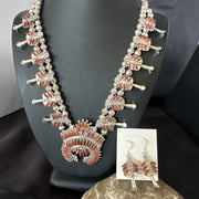 ZUNI Coral Squash Blossom Needlepoint Necklace Earrings | Sterling Silver | Authentic Native American Handmade | 19277