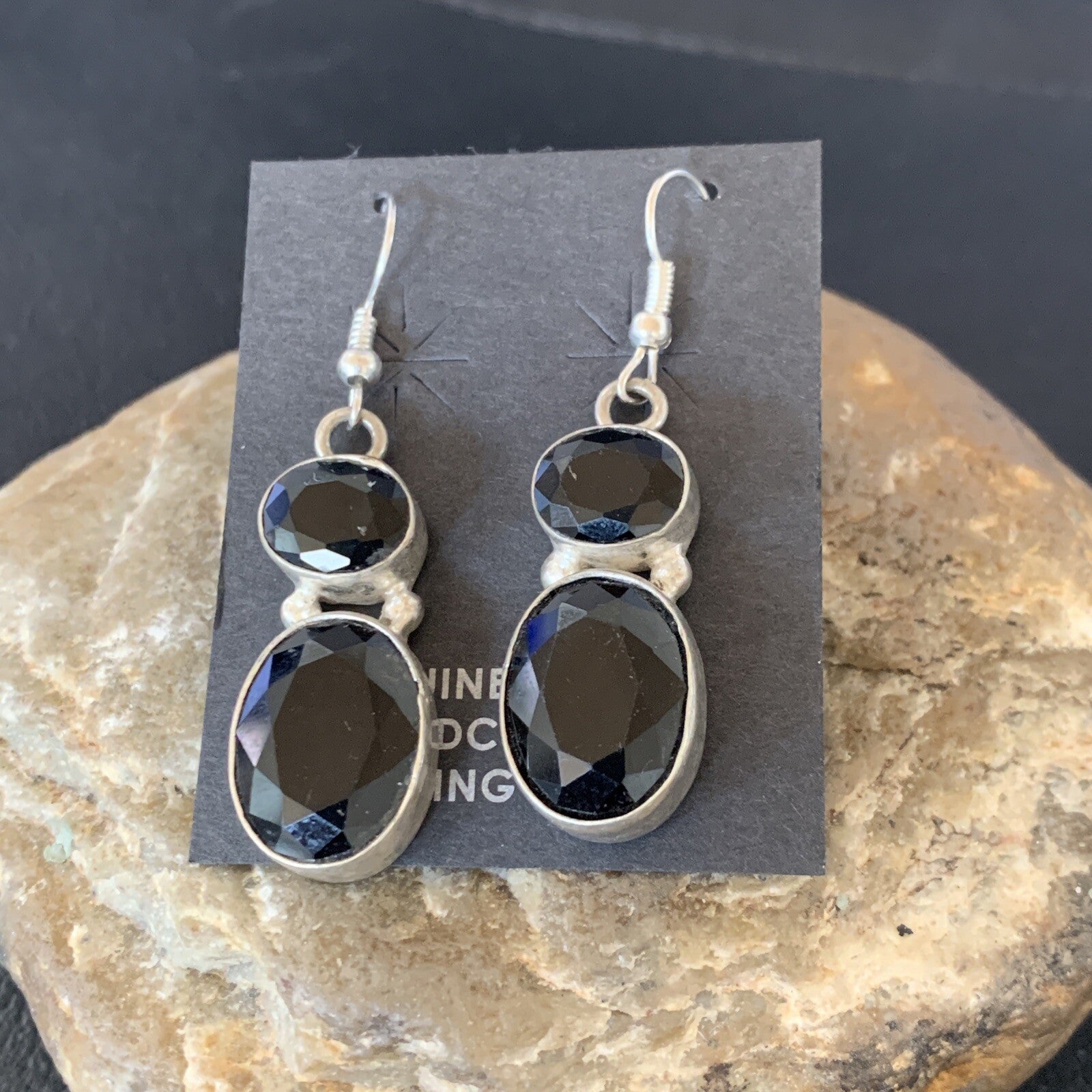 Native Black Smokey Quartz Navajo Sterling Silver Dangle Drop Earrings 12686