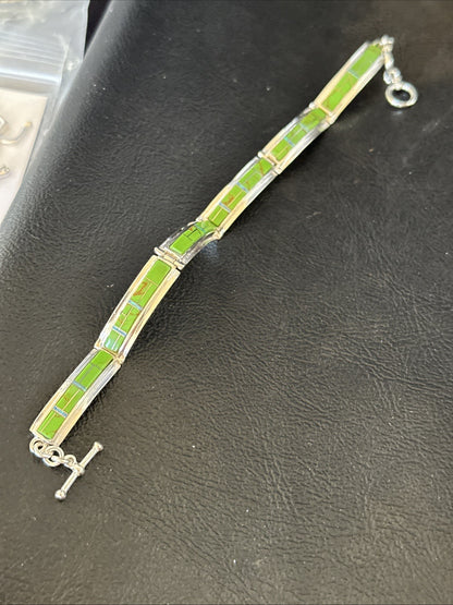 Womens Green Gaspeite Inlay Link Bracelet 7.5” Sterling Silver 19152