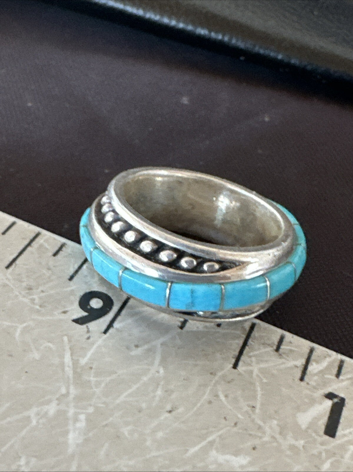 Blue Turquoise Navajo Sterling Silver Inlay Band Ring Size 7 18812