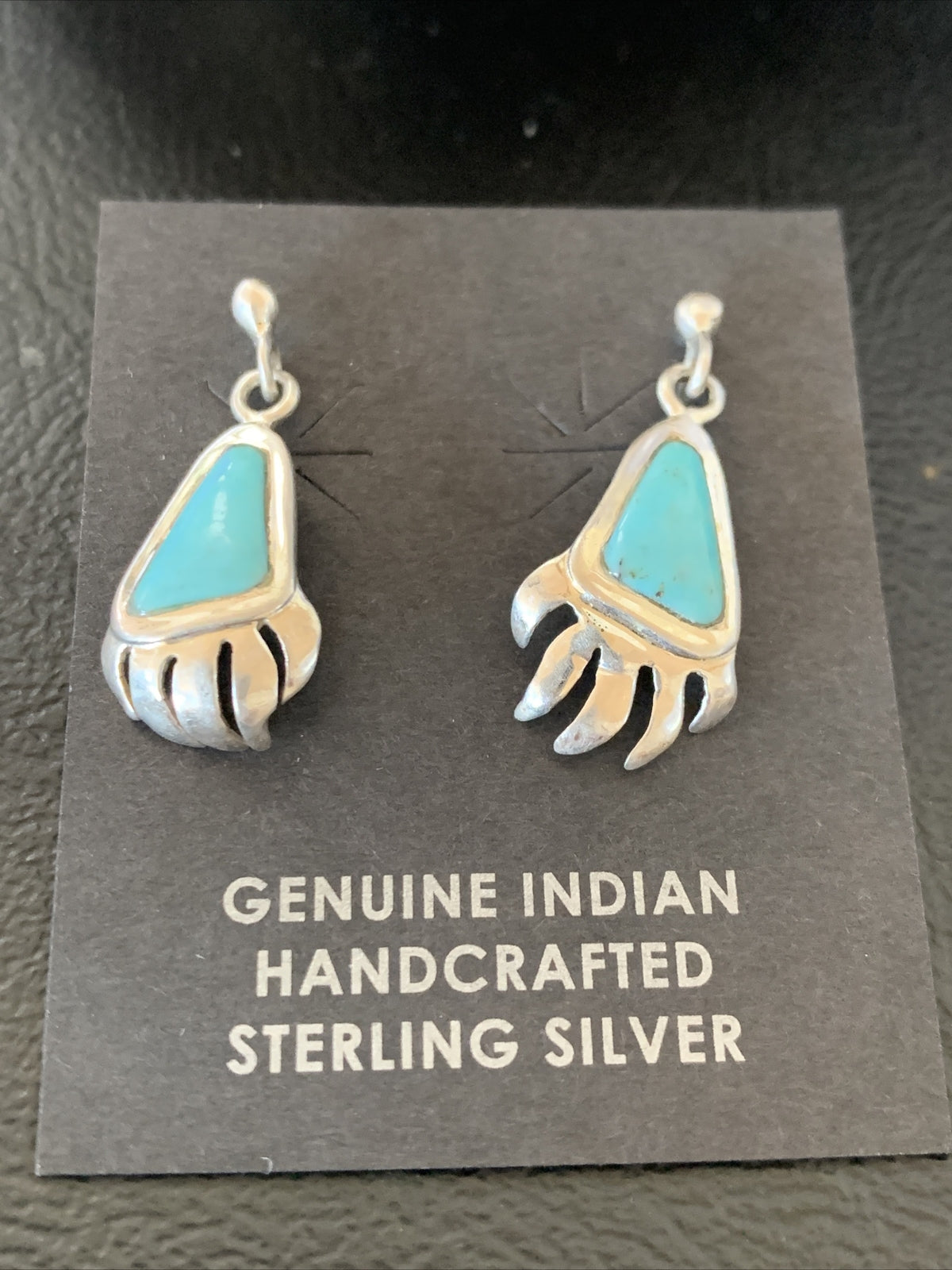 Turquoise BearPaw Inlay Navajo Sterling Silver Dangle Post Earrings 0.50" 12743