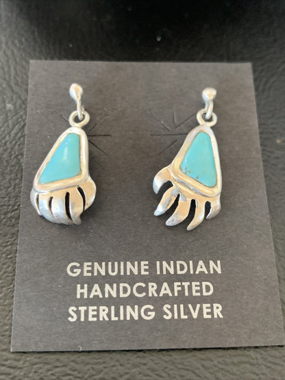 Turquoise BearPaw Inlay Navajo Sterling Silver Dangle Post Earrings 0.50" 12743