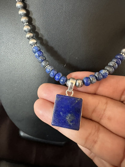 Mens Womens Blue Lapis Navajo Sterling Silver Cluster Pendant Necklace 21” 18341