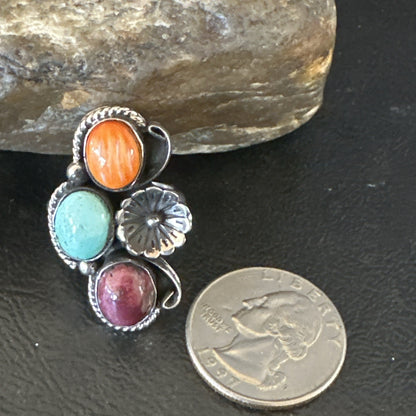Multicolor Ring Turquoise Spiny Navajo Sterling Silver Cluster Size 7 19178