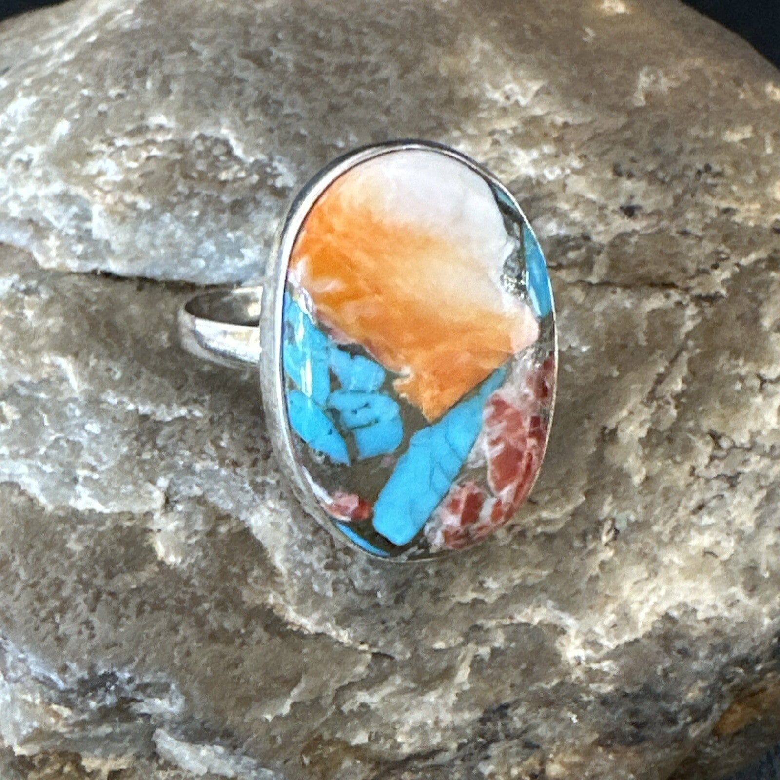 Blue Turquoise Spiny Oyster Navajo Sterling Silver Ring Size 8 18233
