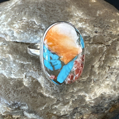 Blue Turquoise Spiny Oyster Navajo Sterling Silver Ring Size 8 18233