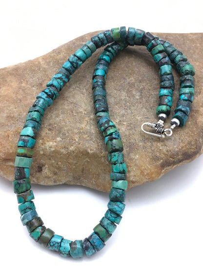 Turquoise 8mm Heishi Southwestern Sterling Silver Beads Necklace 20" 4348