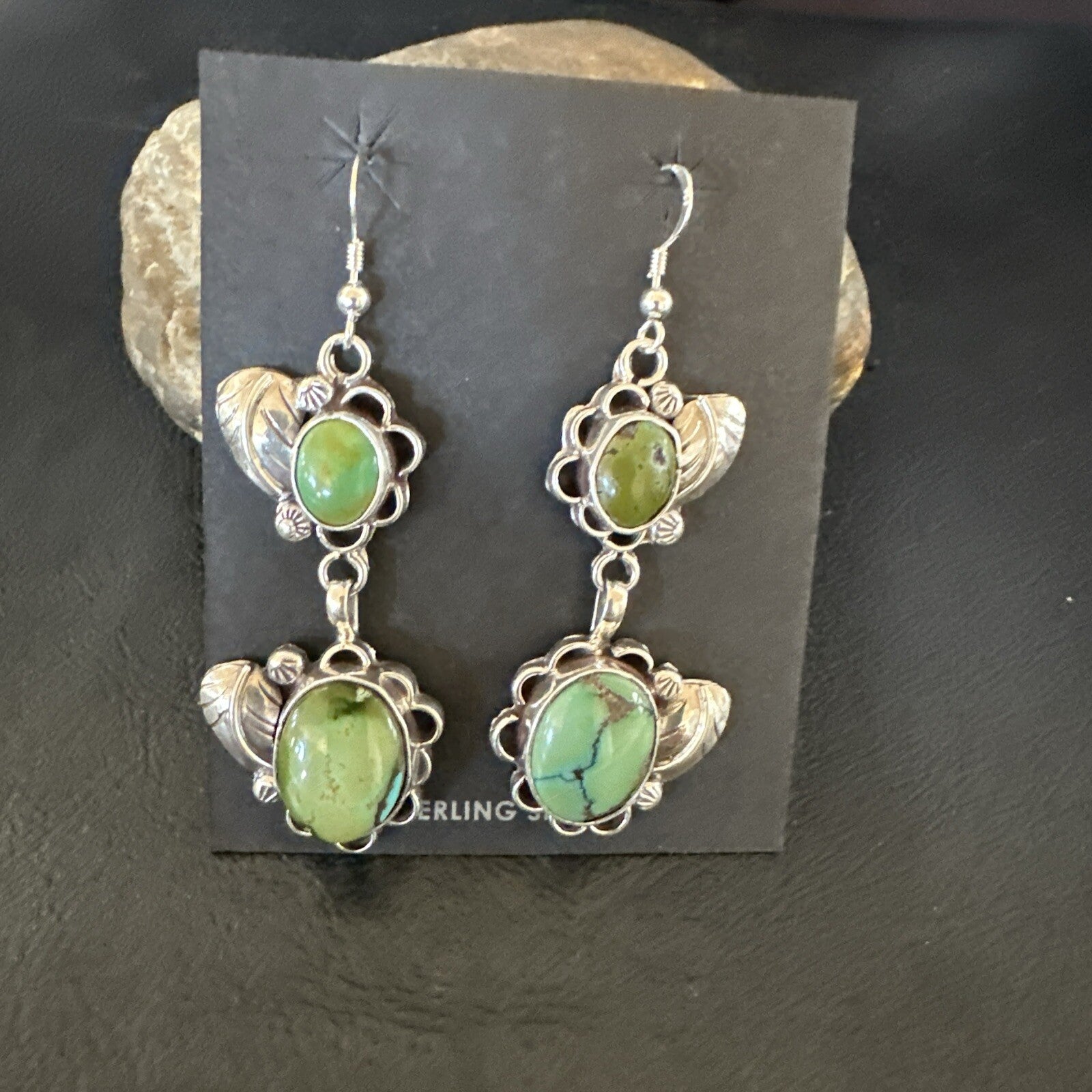 Native Navajo Green Turquoise Sterling Silver Dangle Earrings 2” 17693