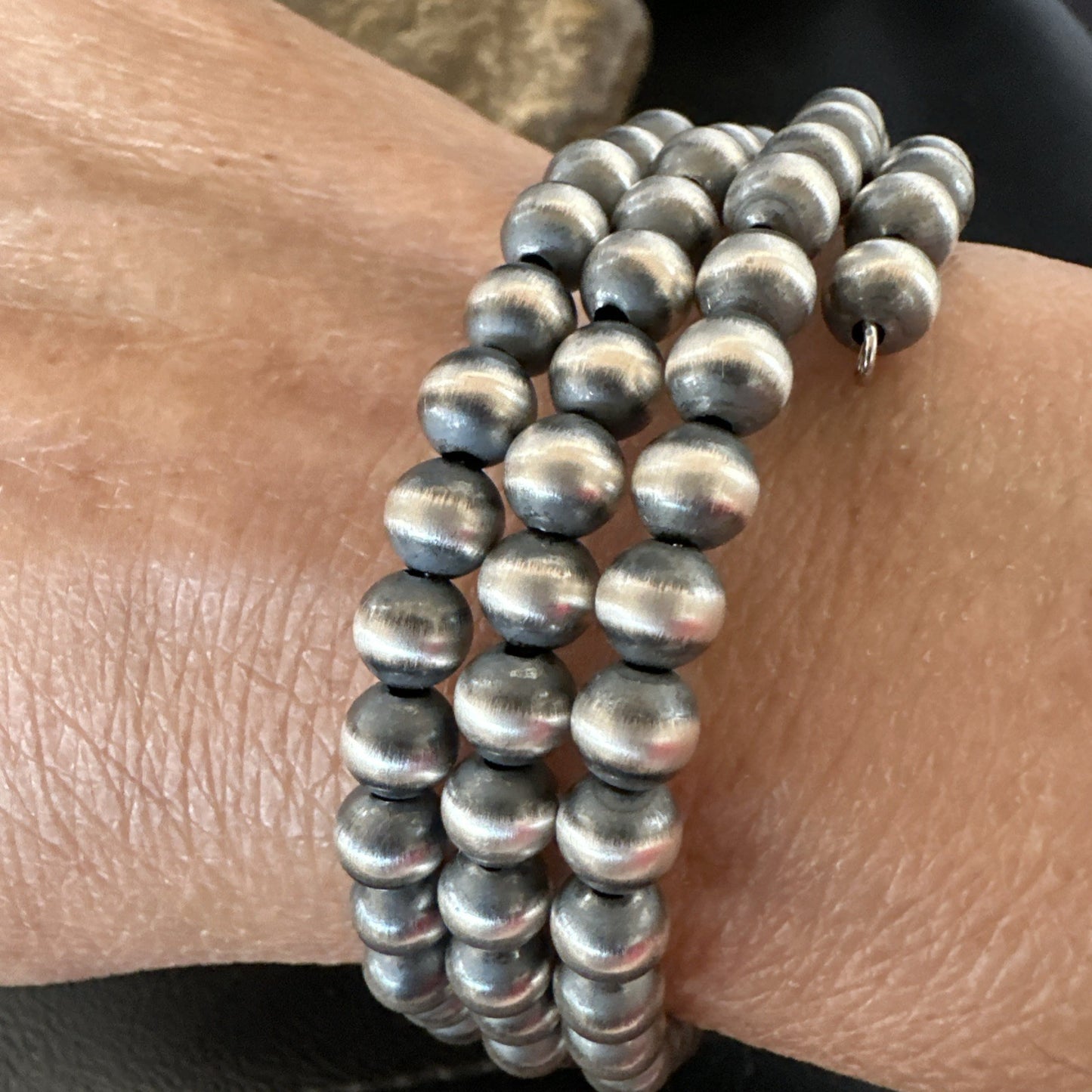 Sterling Silver Navajo Pearls 6mm Beads Stainless Steel Wire Wrap Bracelet 19021