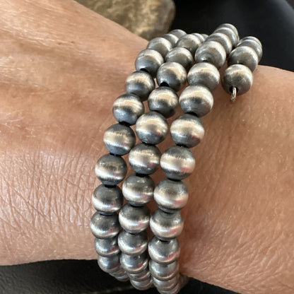 Sterling Silver Navajo Pearls 6mm Beads Stainless Steel Wire Wrap Bracelet 19021