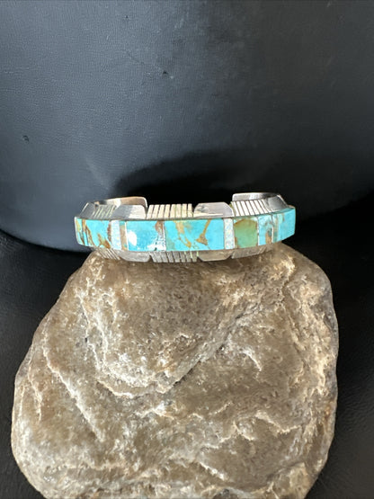 Blue Turquoise Opal Navajo Sterling Silver Cuff Inlay Bracelet 17958