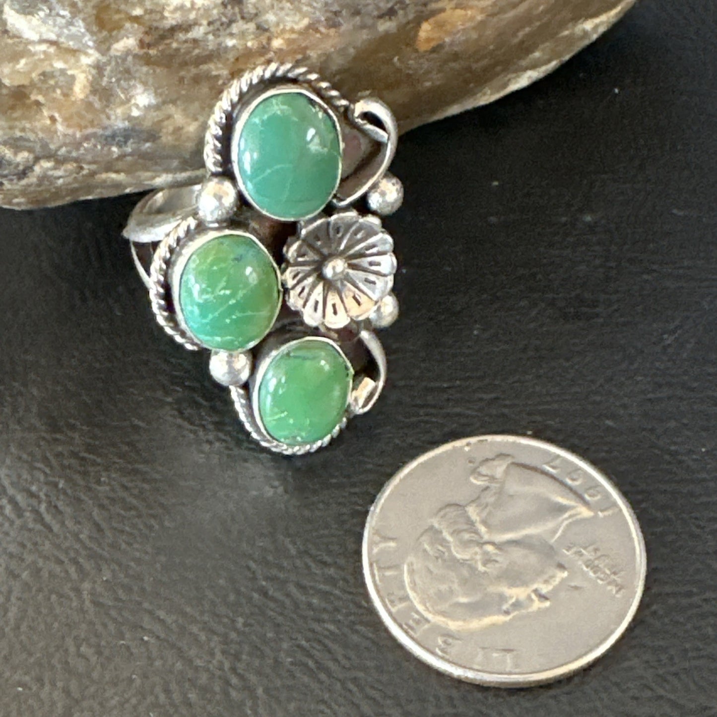 Yazzie Ring Green Turquoise Navajo Sterling Silver Cluster Size 8.5 19234