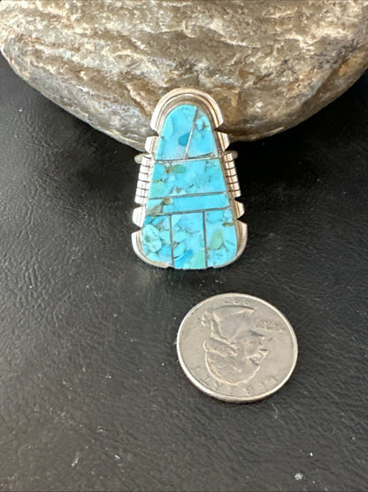 Blue Turquoise Navajo Inlay Sterling Silver Ring Size 11 19782