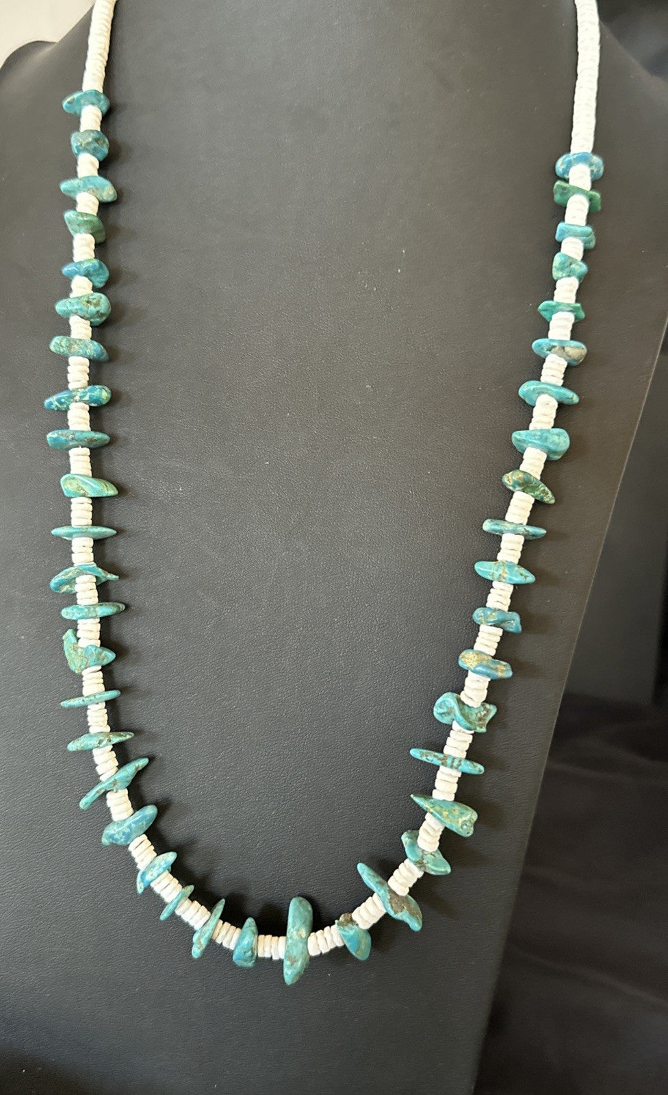 Blue Turquoise White Shell Navajo Sterling Silver Necklace 31" 19719