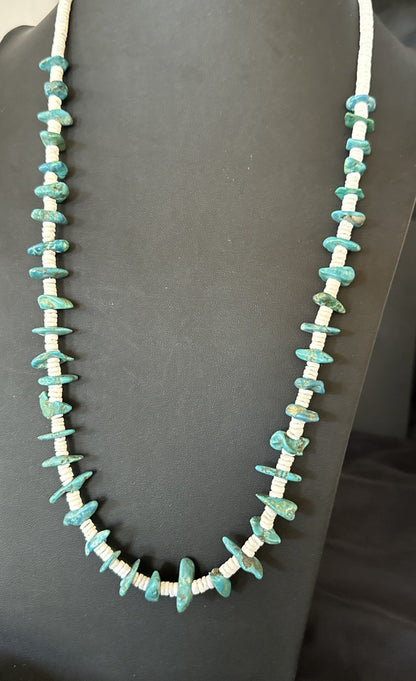 Blue Turquoise White Shell Navajo Sterling Silver Necklace 31" 19719