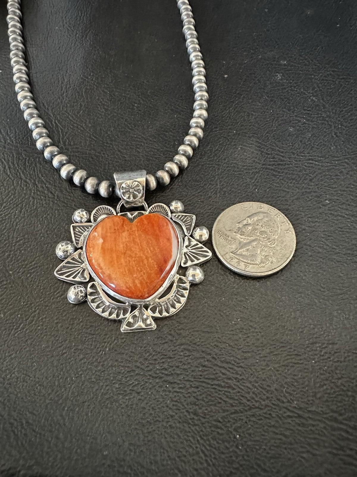 H Joe Orange Spiny Oyster Heart Pendant Navajo Sterling Silver Necklace 19485