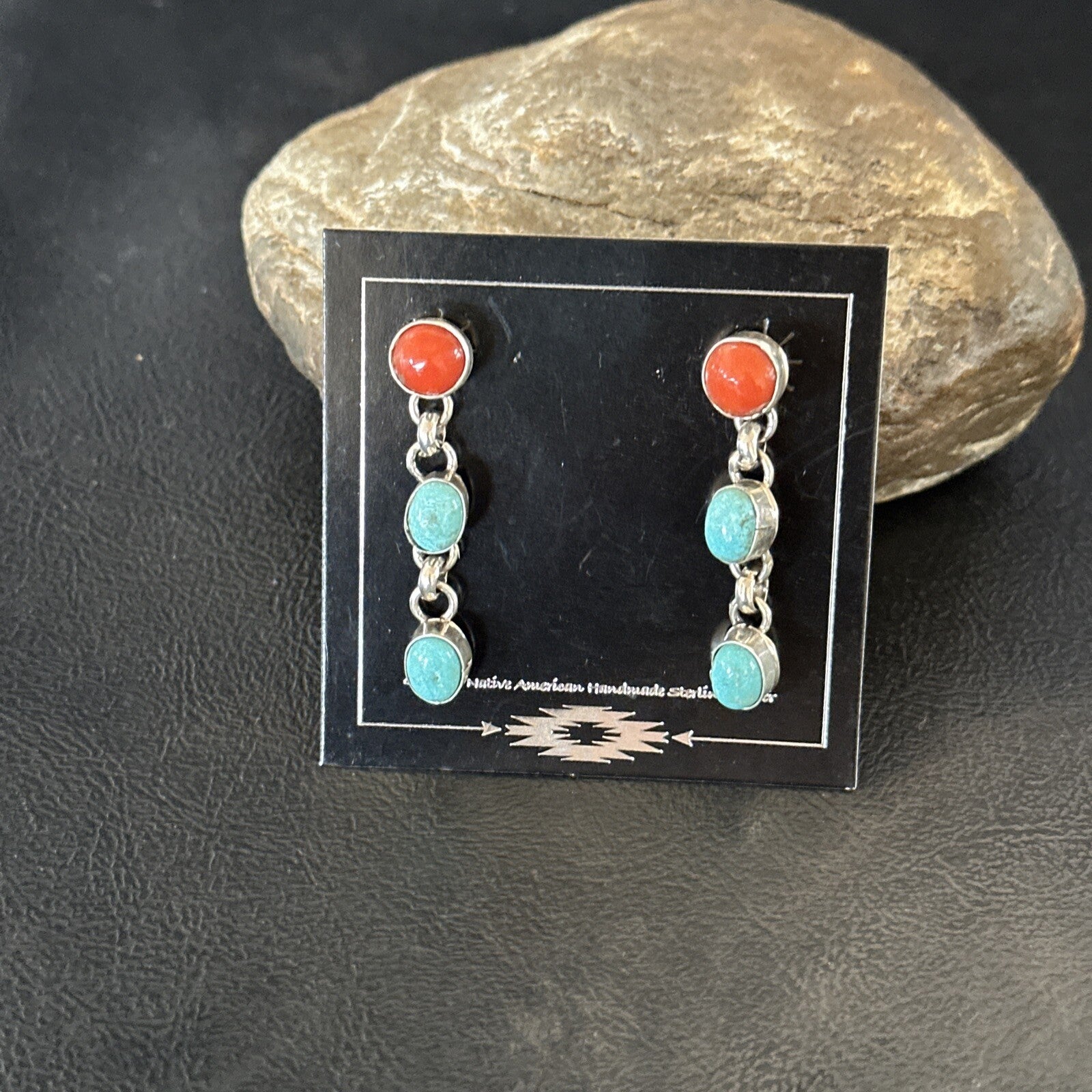 Blue Turquoise Red Spiny MultiColor Navajo Sterling Silver Inlay Earrings 18355