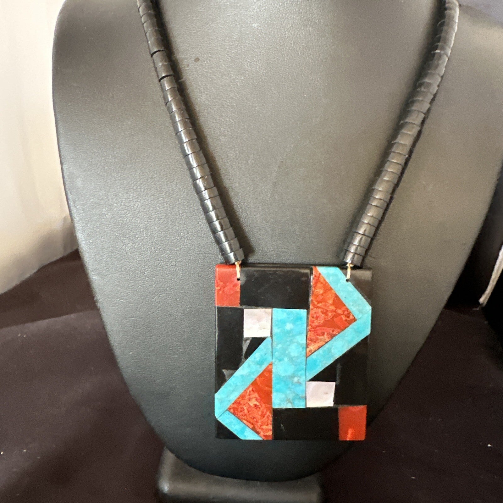 Blue Turquoise Black Onyx Santo Domingo Sterling Silver Necklace 21” 15666