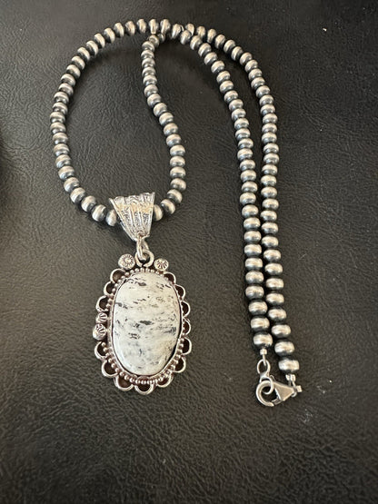 White Buffalo Turquoise Pendant Navajo Pearls Sterling Silver Necklace 19373