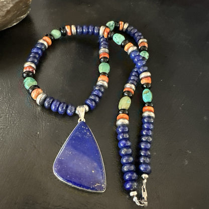 Lapis Turquoise Spiny Necklace Southwestern Sterling Silver Pendant 22” 19469