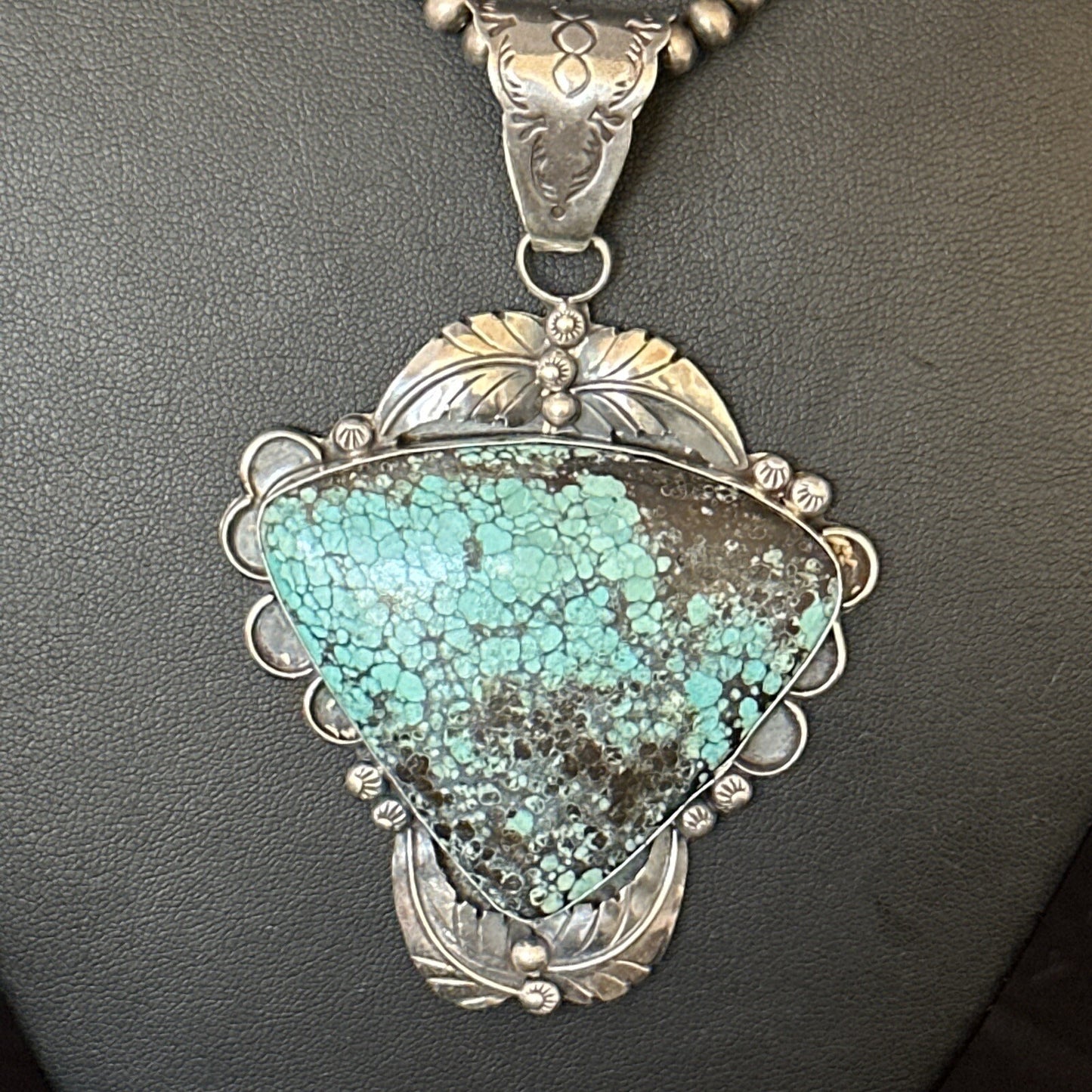 Blue Spiderweb Turquoise Pendant Navajo Pearls Sterling Silver Necklace 14807