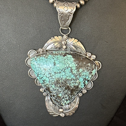 Blue Spiderweb Turquoise Pendant Navajo Pearls Sterling Silver Necklace 14807