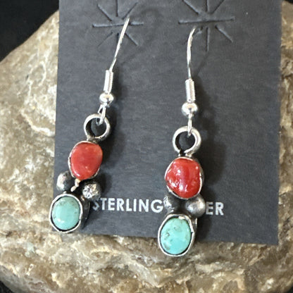 Handmade Blue Turquoise Red Coral Sterling Silver Navajo Dangle Earrings 18841