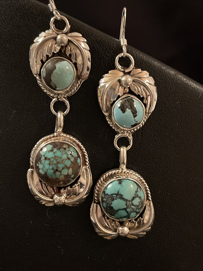 Womens Blue Spider Web Turquoise Navajo Sterling Silver Dangle Earrings 1238