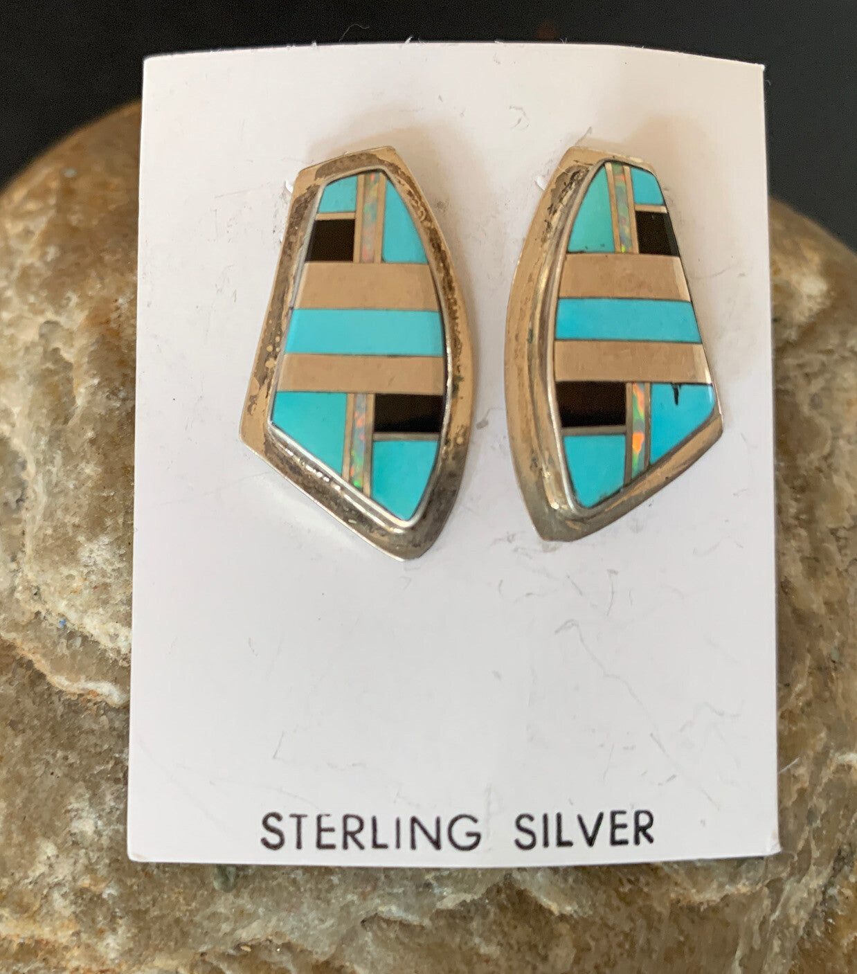 Turquoise & Onyx Inlay Zuni Sterling Silver Old Pawn Earrings 2042
