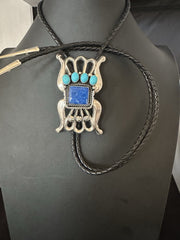 Men's Tufa Blue Lapis Lazuli Turquoise Navajo Bolo Tie 3" | Sterling Silver | Authentic Native American Handmade | 19472