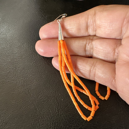 Orange Beads 2 Strands Heishi Liquid Sterling Silver Dangle Earrings 3” 19040